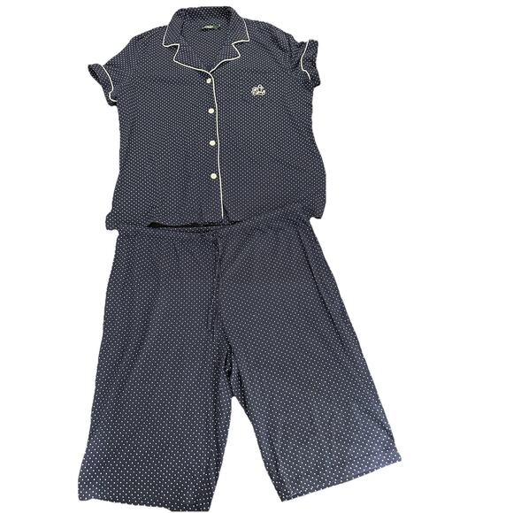 Womens Lauren Ralph Lauren 2 Piece Capri Shorts Pajama Set Navy Polka Dot XL NWT - Picture 1 of 14